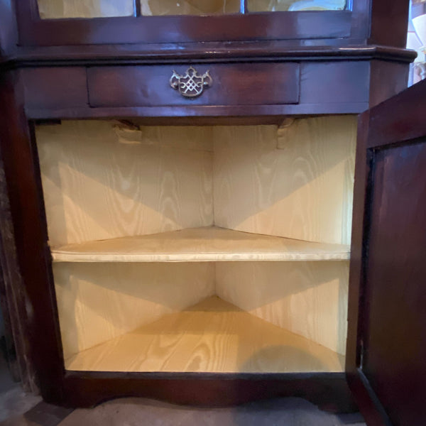 Small English Georgian Mahogany Glazed Door Two-Part Corner Cupboard