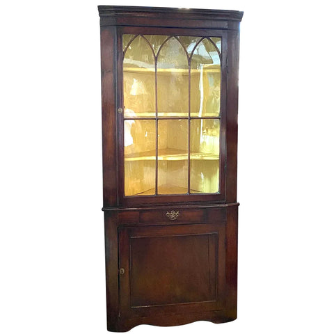 Small English Georgian Mahogany Glazed Door Two-Part Corner Cupboard