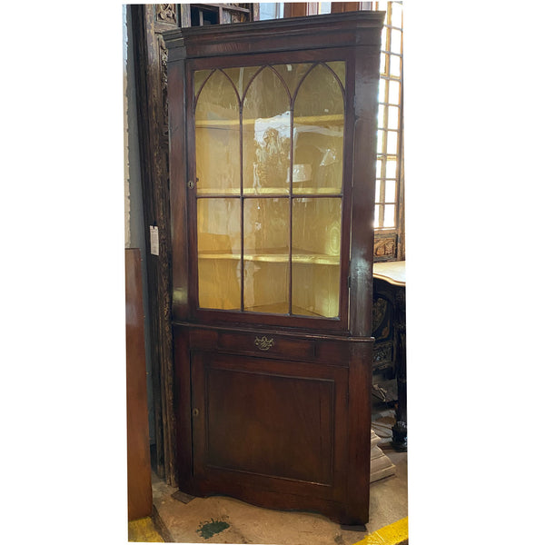 Small English Georgian Mahogany Glazed Door Two-Part Corner Cupboard
