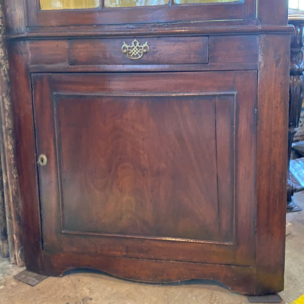 Small English Georgian Mahogany Glazed Door Two-Part Corner Cupboard