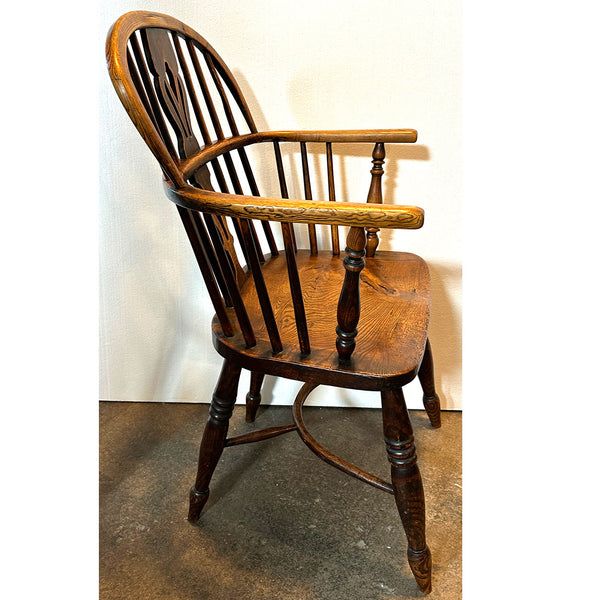 Harlequin Set Four English Georgian Elm High Bow Back Windsor Armchairs