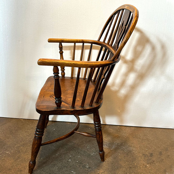 Harlequin Set Four English Georgian Elm High Bow Back Windsor Armchairs