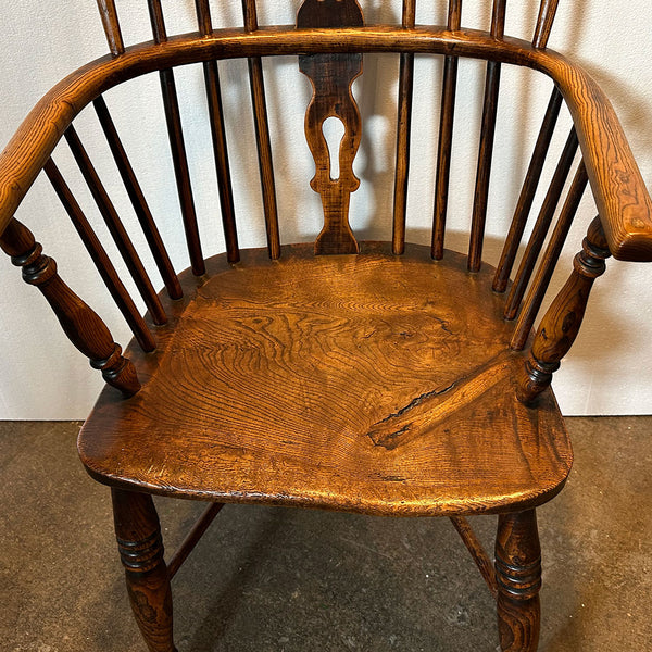 Harlequin Set Four English Georgian Elm High Bow Back Windsor Armchairs