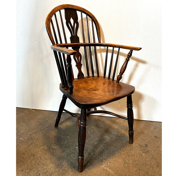 Harlequin Set Four English Georgian Elm High Bow Back Windsor Armchairs