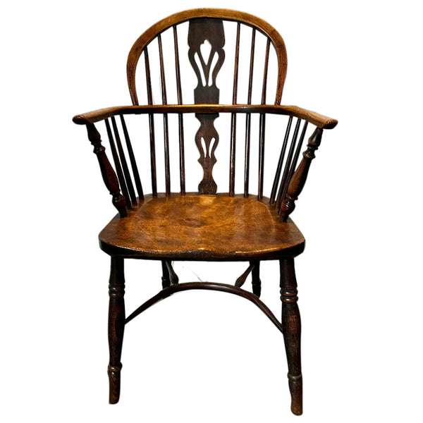 Harlequin Set Four English Georgian Elm High Bow Back Windsor Armchairs