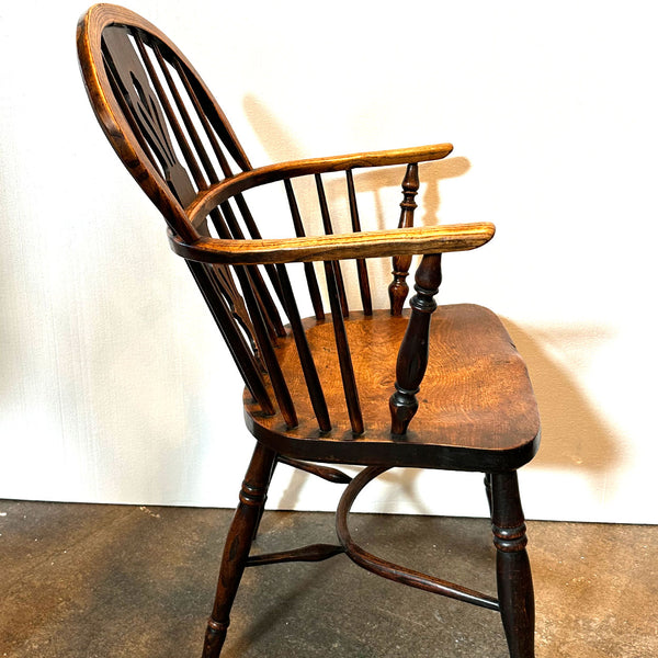 Harlequin Set Four English Georgian Elm High Bow Back Windsor Armchairs