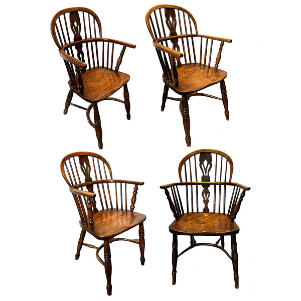 Harlequin Set Four English Georgian Elm High Bow Back Windsor Armchairs