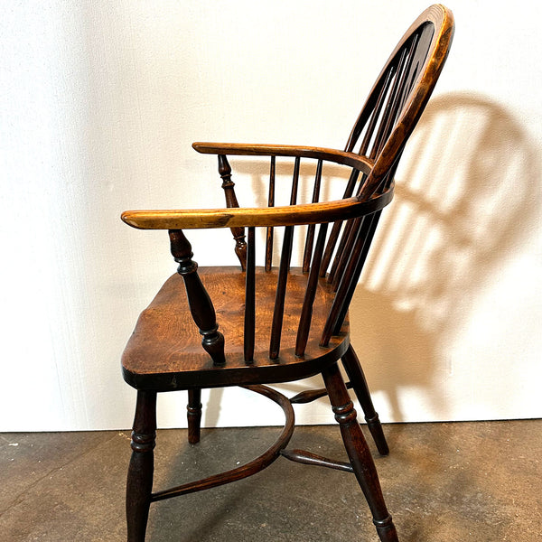 Harlequin Set Four English Georgian Elm High Bow Back Windsor Armchairs