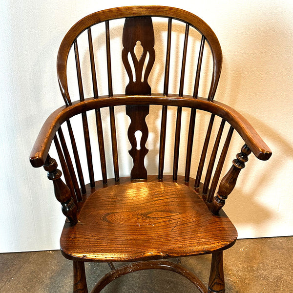 Harlequin Set Four English Georgian Elm High Bow Back Windsor Armchairs