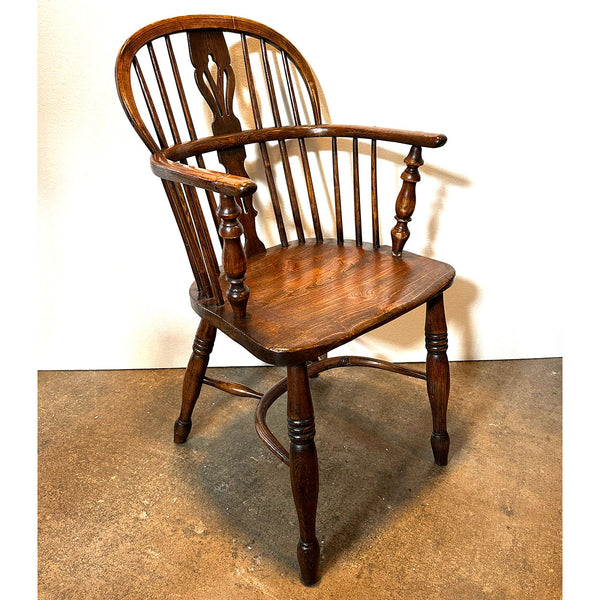 Harlequin Set Four English Georgian Elm High Bow Back Windsor Armchairs