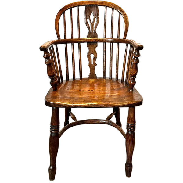 Harlequin Set Four English Georgian Elm High Bow Back Windsor Armchairs