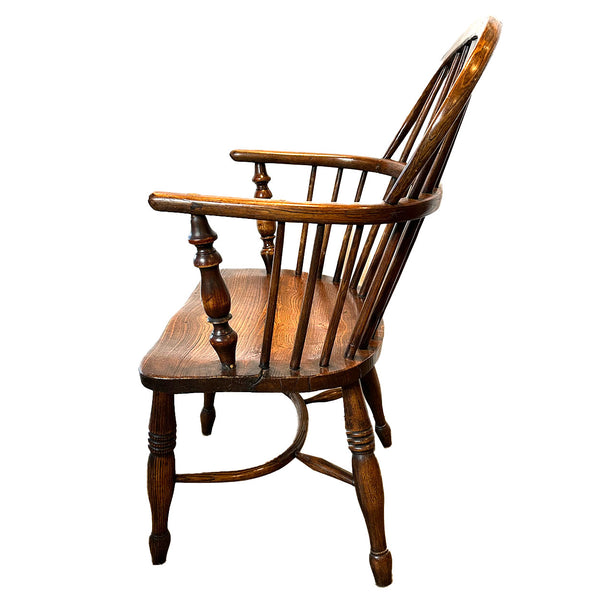 Harlequin Set Four English Georgian Elm High Bow Back Windsor Armchairs