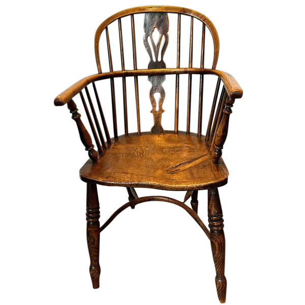 Harlequin Set Four English Georgian Elm High Bow Back Windsor Armchairs