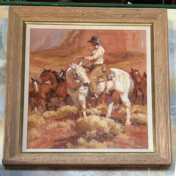 SUZANNE BAKER Oil on Canvas Painting, Cowboy on Horseback