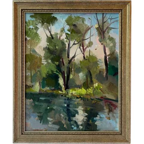 American School Oil on Canvas Landscape Painting, Trees by a Pond