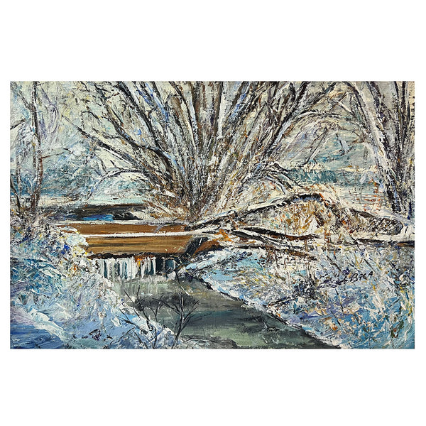 SAM DeBACA Acrylic on Canvas Painting, Four-Mile Creek with Railroad Crossing