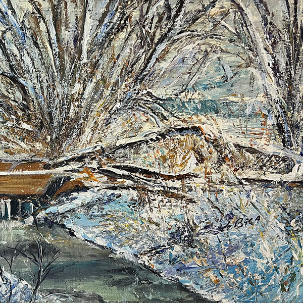 SAM DeBACA Acrylic on Canvas Painting, Four-Mile Creek with Railroad Crossing