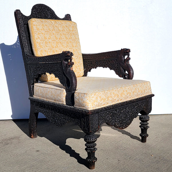 Anglo Raj Carved Rosewood and Upholstered Fortuny Silk Armchair