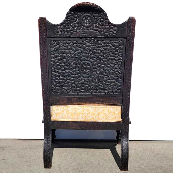 Anglo Raj Carved Rosewood and Upholstered Fortuny Silk Armchair