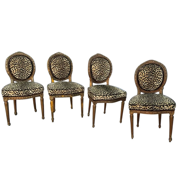 Assembled Set of Four French Louis XVI Style Gilt Upholstered Dining Side Chairs