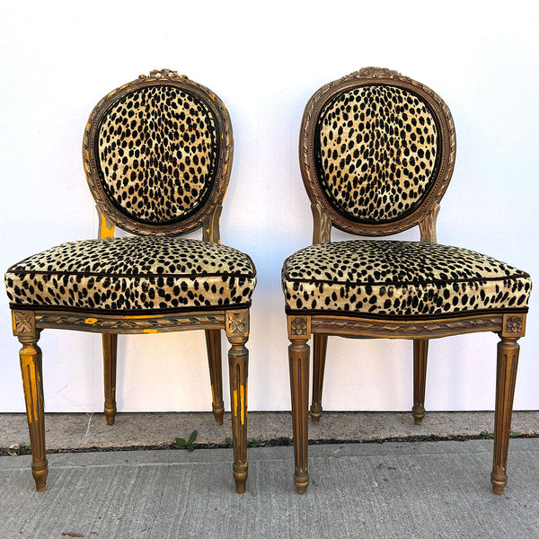 Assembled Set of Four French Louis XVI Style Gilt Upholstered Dining Side Chairs