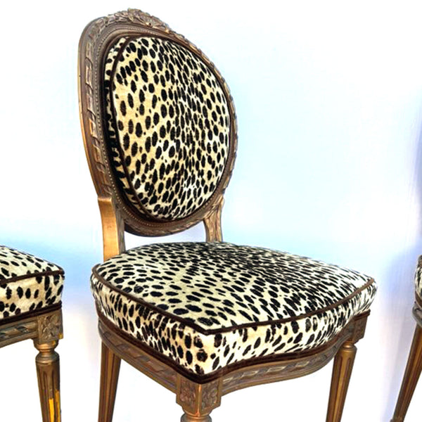 Assembled Set of Four French Louis XVI Style Gilt Upholstered Dining Side Chairs