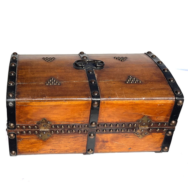 Small American New England Steel, Brass Mounted Pine Dome-Top Travel Trunk