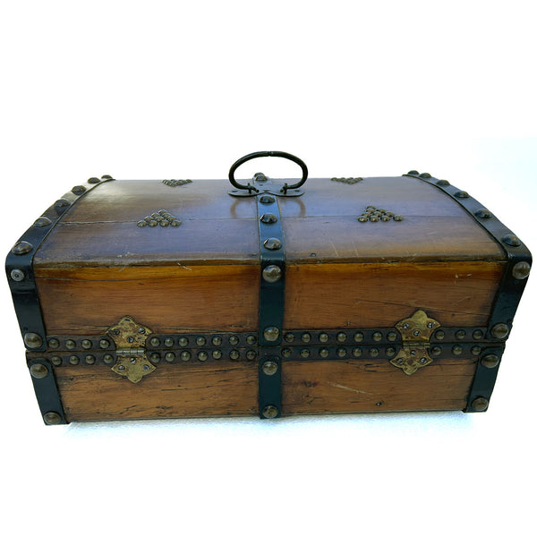 Small American New England Steel, Brass Mounted Pine Dome-Top Travel Trunk