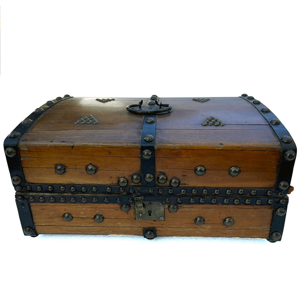 Small American New England Steel, Brass Mounted Pine Dome-Top Travel Trunk