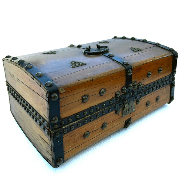 Small American New England Steel, Brass Mounted Pine Dome-Top Travel Trunk