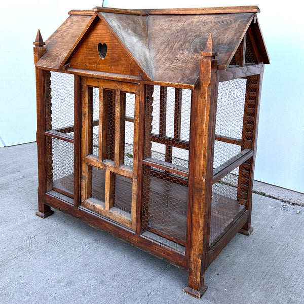 French Provincial Wooden and Metal Wire House Model Bird Cage