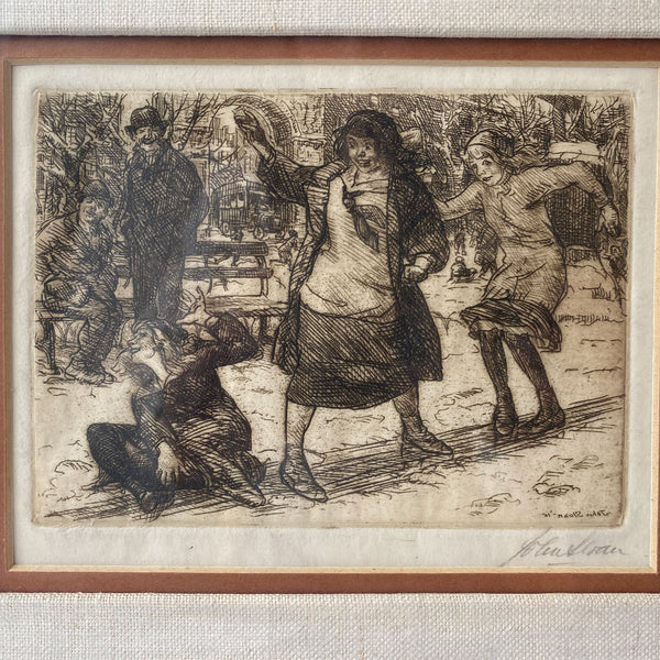 JOHN SLOAN Etching on Paper, Girls Sliding