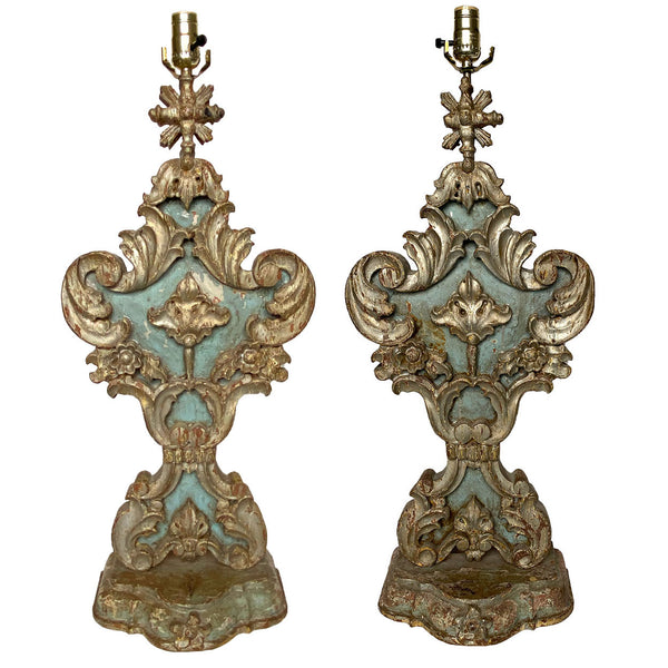 Large Pair Indo-Portuguese Painted Teak Reliquary One-Socket Table Lamps