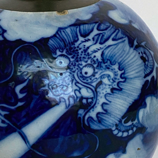 Pair Chinese Qing Blue and White Porcelain Dragon Ginger Jar One-Light Table Lamps