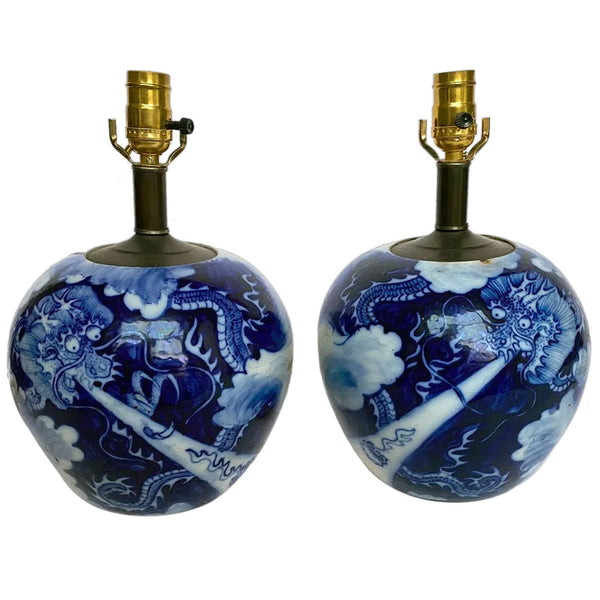 Pair Chinese Qing Blue and White Porcelain Dragon Ginger Jar One-Light Table Lamps