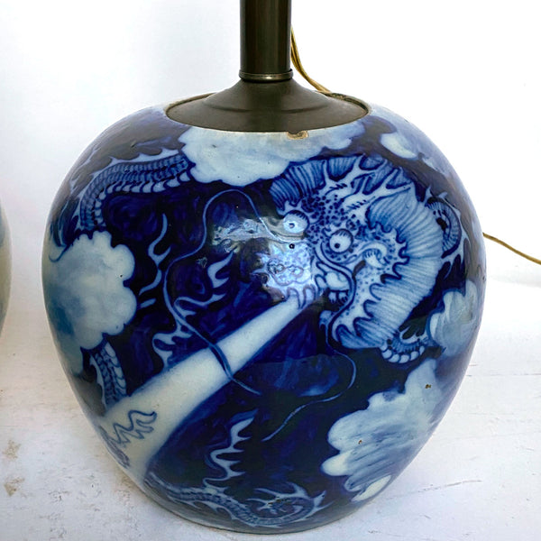 Pair Chinese Qing Blue and White Porcelain Dragon Ginger Jar One-Light Table Lamps