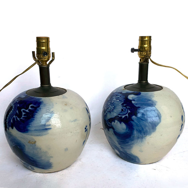 Pair Chinese Qing Blue and White Porcelain Dragon Ginger Jar One-Light Table Lamps