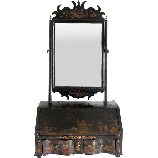 English Queen Anne Chinoiserie Black Japanned Dressing Table Mirror