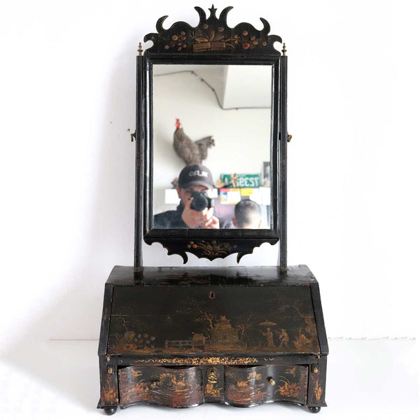 English Queen Anne Chinoiserie Black Japanned Dressing Table Mirror