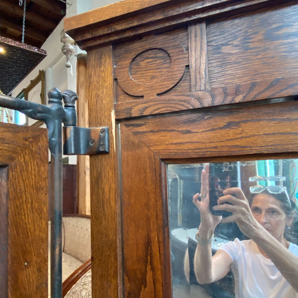 American Arts and Crafts Oak and Iron Tri-fold Haberdasher Cheval Mirror