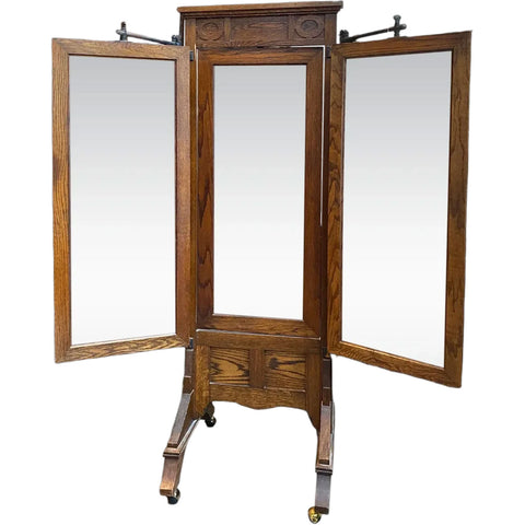 American Arts and Crafts Oak and Iron Tri-fold Haberdasher Cheval Mirror