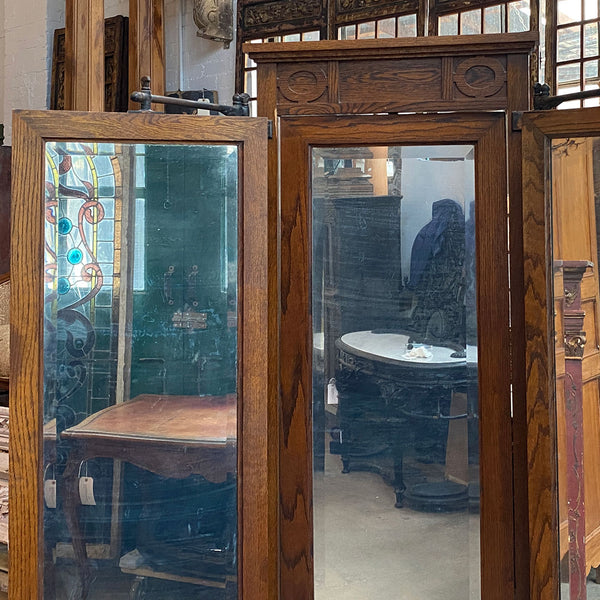 American Arts and Crafts Oak and Iron Tri-fold Haberdasher Cheval Mirror