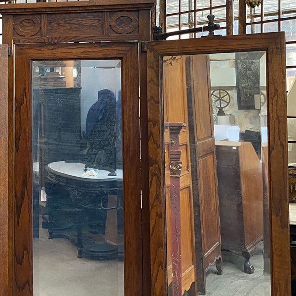 American Arts and Crafts Oak and Iron Tri-fold Haberdasher Cheval Mirror