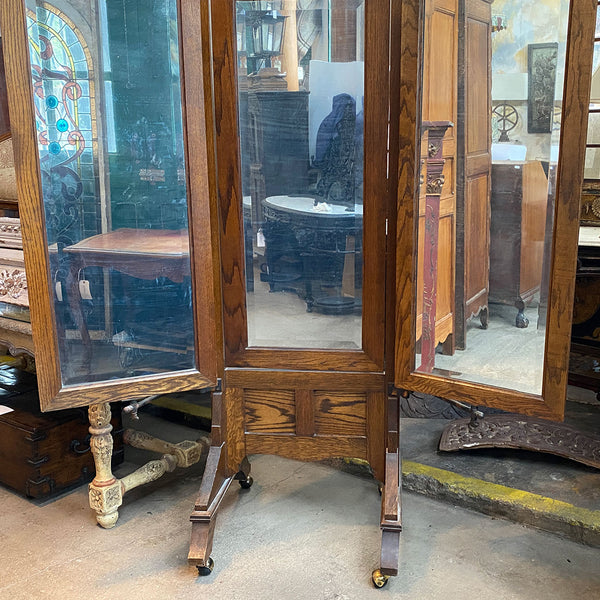 American Arts and Crafts Oak and Iron Tri-fold Haberdasher Cheval Mirror
