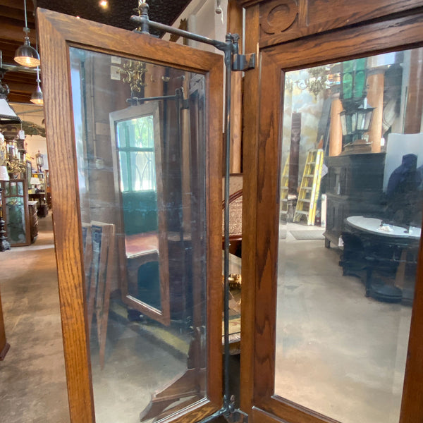American Arts and Crafts Oak and Iron Tri-fold Haberdasher Cheval Mirror