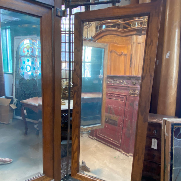 American Arts and Crafts Oak and Iron Tri-fold Haberdasher Cheval Mirror