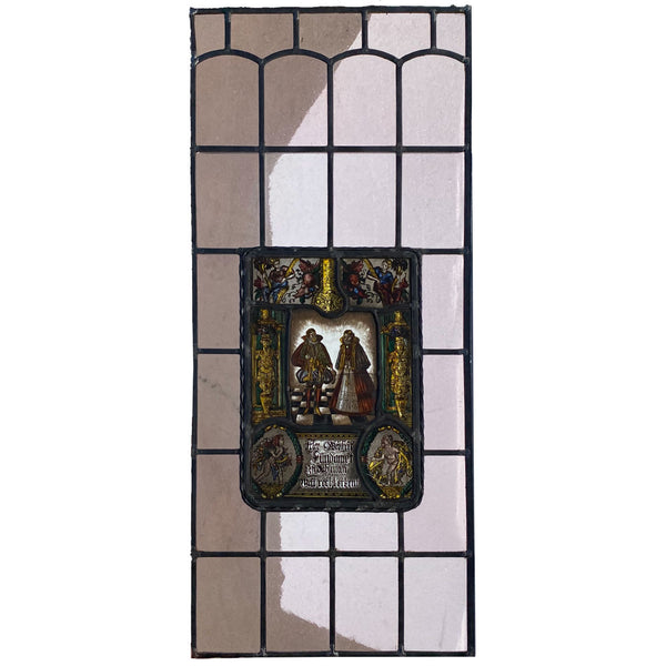 Dutch Medieval Style Stained, Leaded, Painted Glass Couple Window