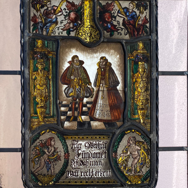 Dutch Medieval Style Stained, Leaded, Painted Glass Couple Window