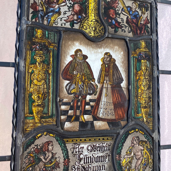 Dutch Medieval Style Stained, Leaded, Painted Glass Couple Window