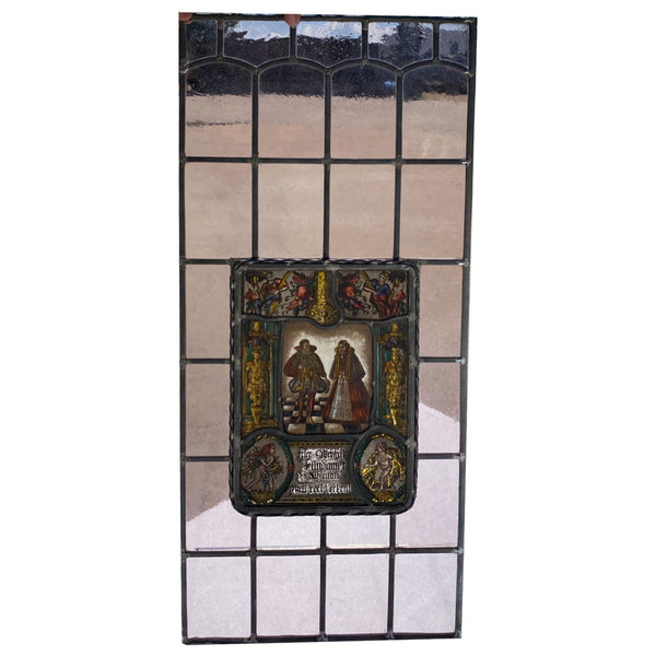 Dutch Medieval Style Stained, Leaded, Painted Glass Couple Window